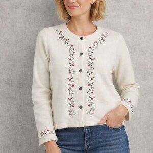 L.L. Bean Women's White Cardigan Cream embroidered on sleeves and front